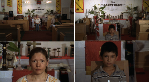 Stills from Sanctuary featuring Elvira Arellano and her son while they are seeking refuge at a Chicago church.